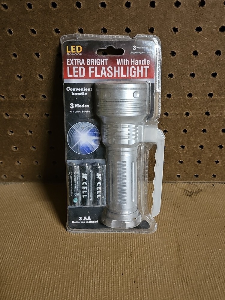 Extra Bright Three Mode LED Flashlight with Handle High/Low/Strobe W/Batteries