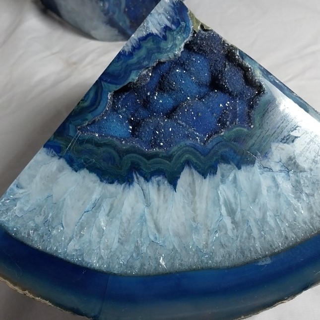 Large Blue White Gray Agate Geode Semi-Circle Natural Crystal Finish