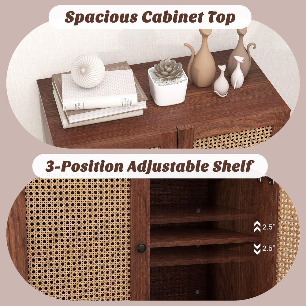 Rattan Buffet Sideboard Wine Cabinet Cupboard w/ Adjustable Shelf Walnut