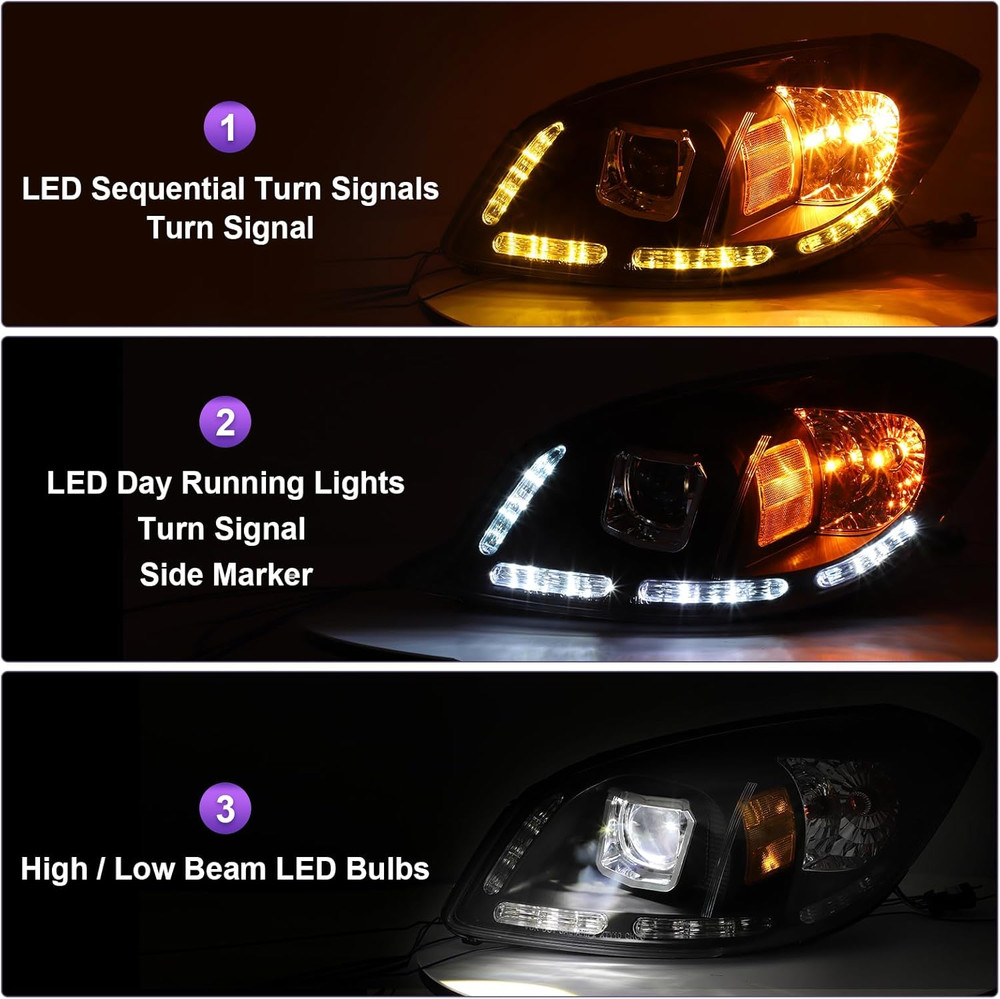 LED Projector DRL SEQ Headlight Assembly Fit for 2005-2010 Chevy Cobalt / 2005-2