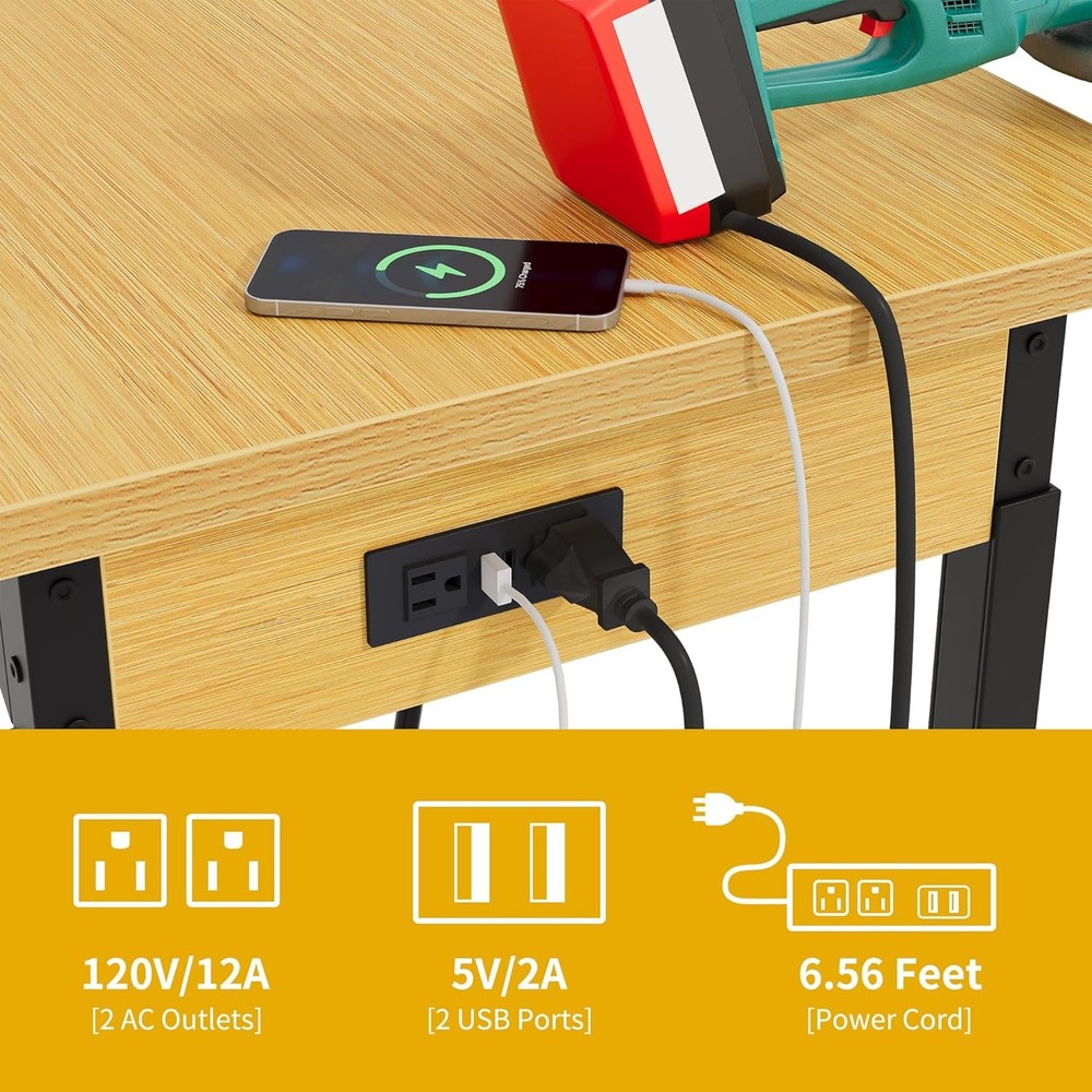 Adjustable Workbench 48in Pegboard 1600lb AC USB Outlet