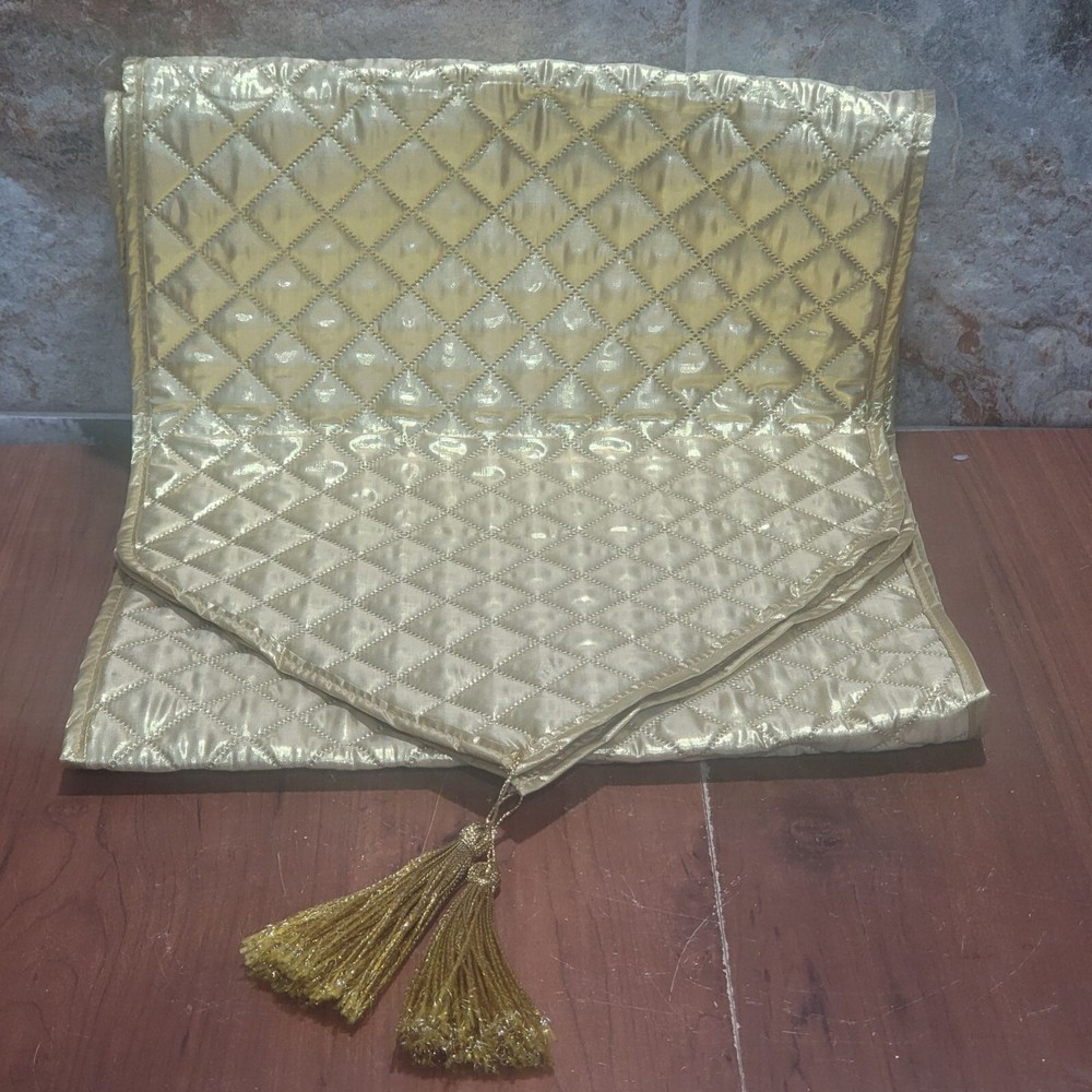 Gold Table Runner with Tassels 82 In Length Quilted Poly