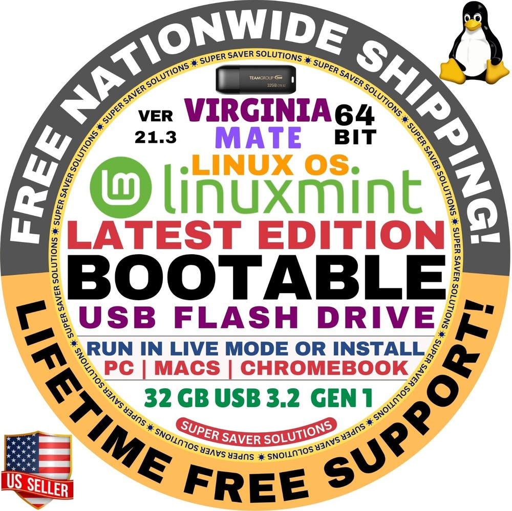 Linux MINT 21.3 USB VIRGINIA Mate 64-Bit Live Boot, Full Install for MAC, PC