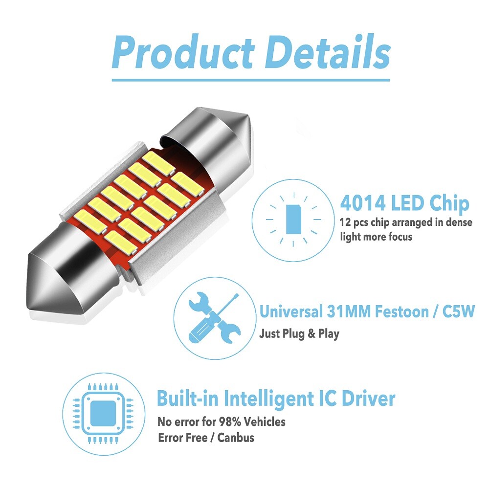 AUXITO 31MM Festoon DE3175 LED Map Dome Interior Light Bulbs 6000K White CANBUS