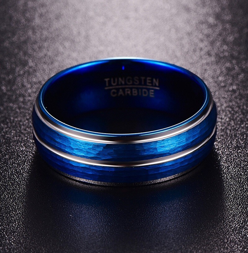 Blue Tungsten Carbide Wedding Band Pinky Ring Brushed Hammer Pattern Silver Line