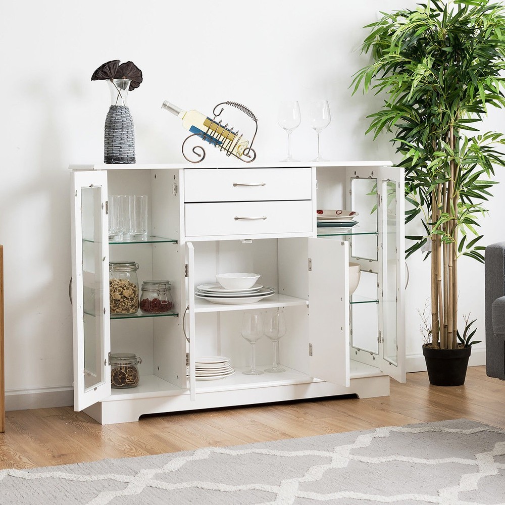 Buffet Storage Cabinet Console Table Server W/Glass Door Drawers Kitchen