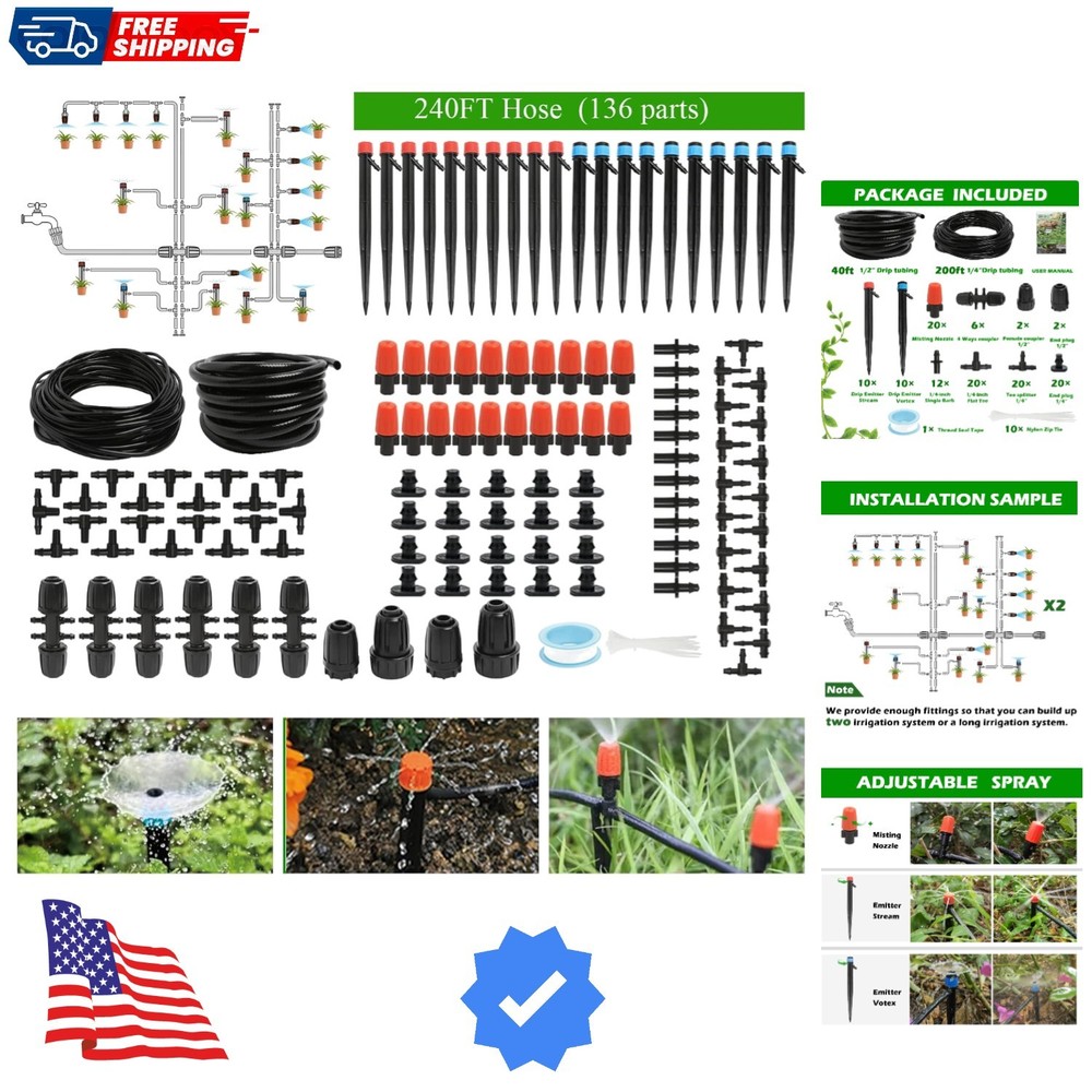 240FT Drip Irrigation System Kit, Automatic Garden Watering Misting System fo...