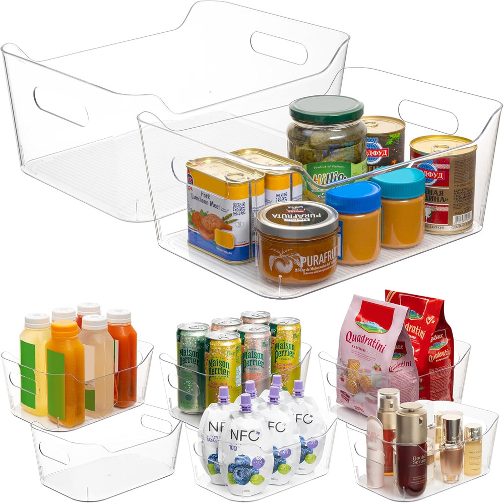Set 8 Clear Plastic Storage Bins, 2 Extra Large and 6 Small Storage Containers