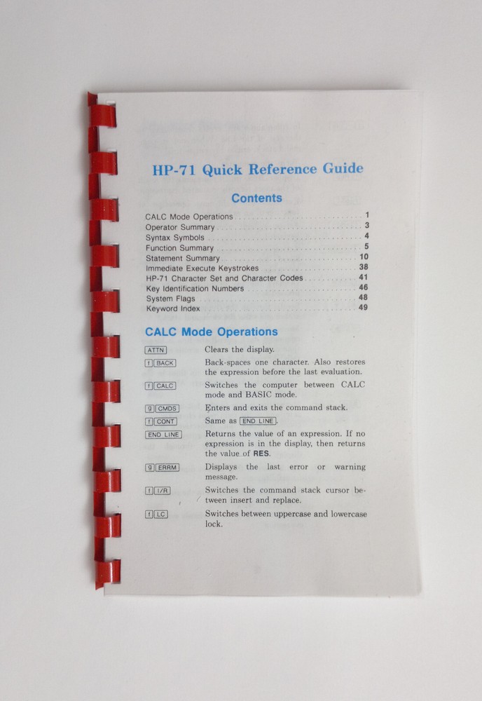 Hewlett Packard HP-71B Calculator Quick reference Guide