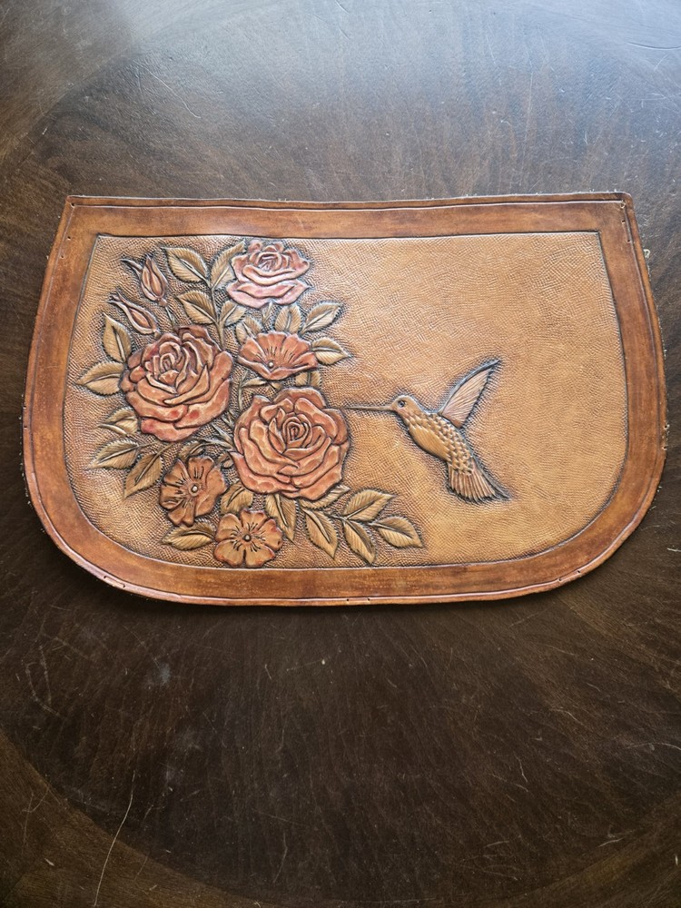 Tooled Leather Hummingbird Roses Panel