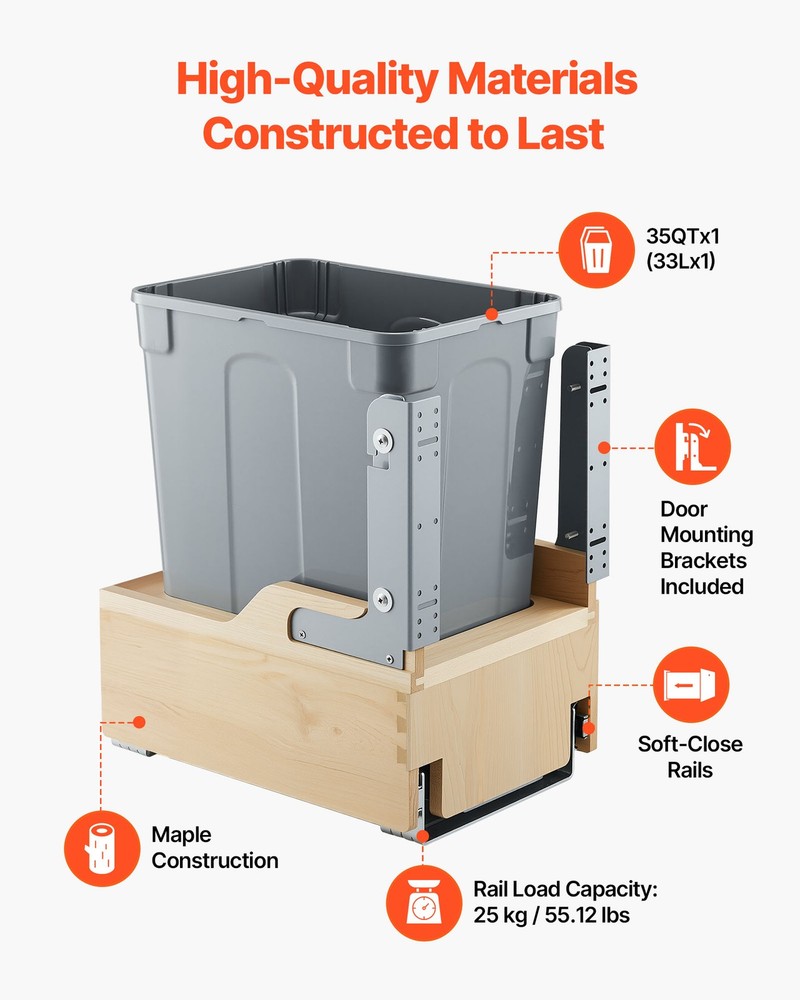 VEVOR 35QT Pullout Waste Container Under Cabinet Kitchen Bin Trash Can Soft
