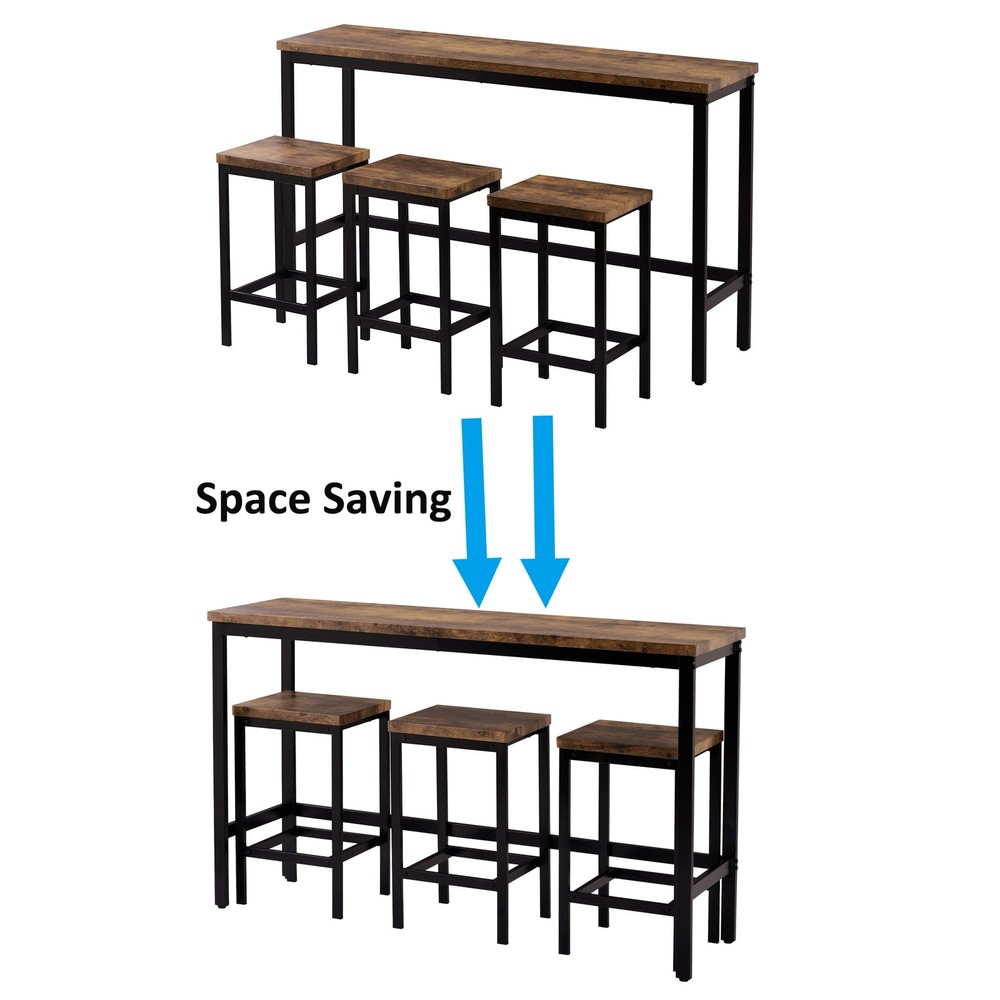 Dining Table Set with 3 Stools Pub Kitchen Set Side Table with Footrest Brown