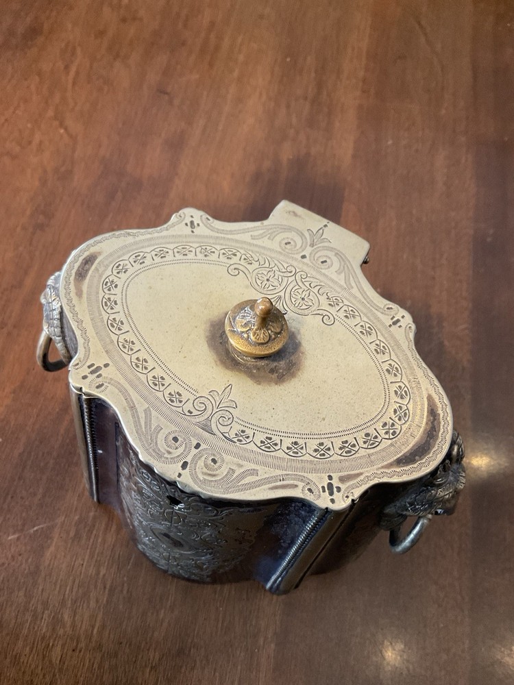Antique Victorian Silverplate Silver Biscuit Tin / Tea Caddy Rams Head Etched