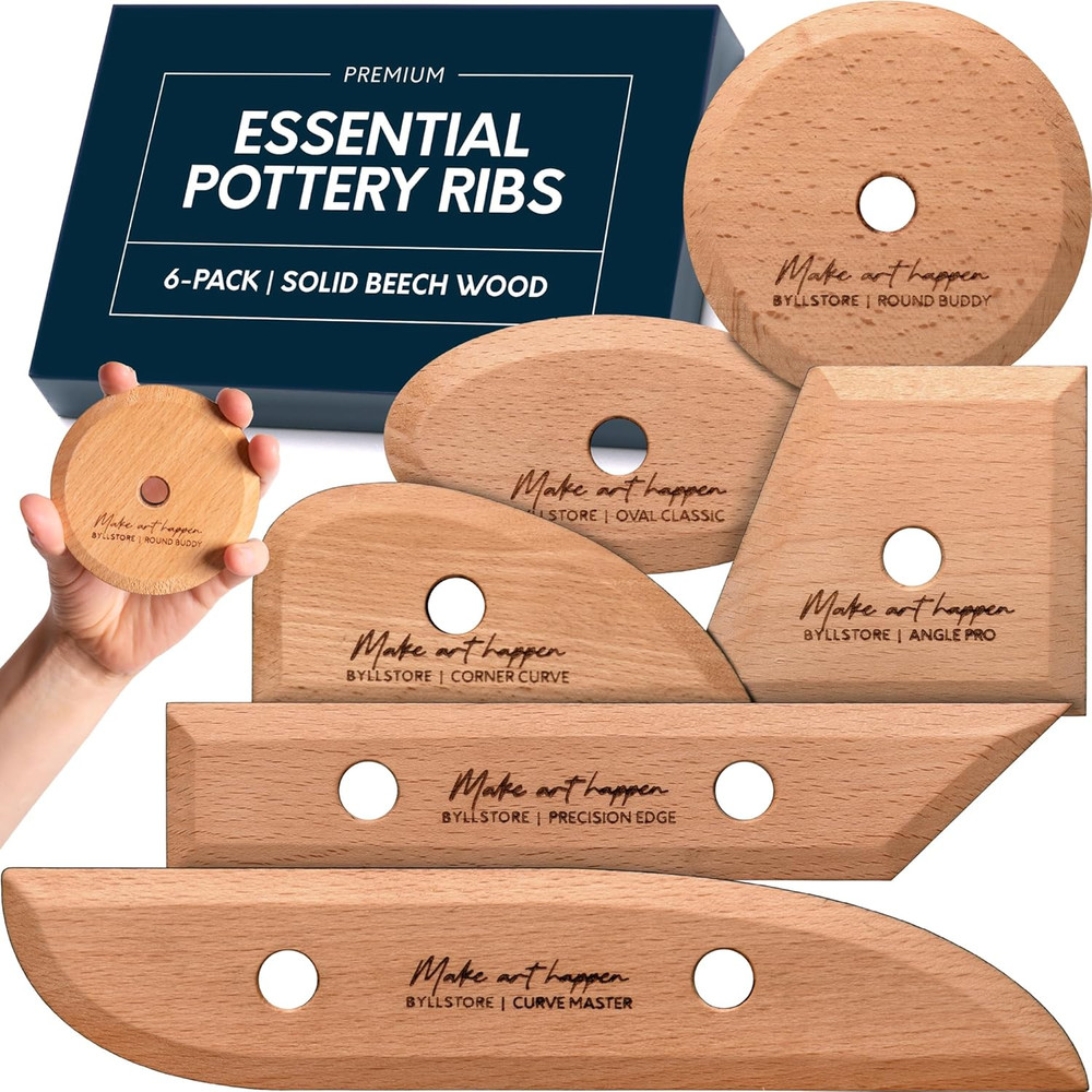 Essential Pottery Ribs Clay Shaping Smoothing Tools Solid Beech Wood 6-Pack