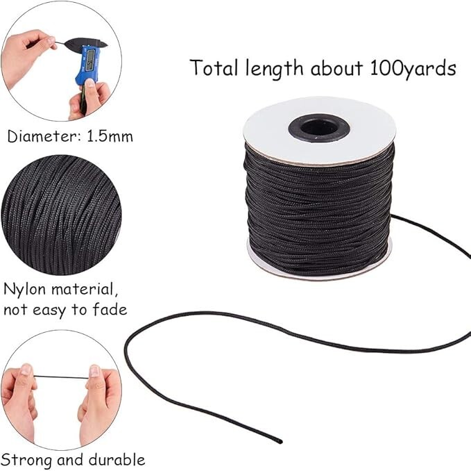 1.5mm 100 Yard Black Nylon Cord Wind Chime Cord Replacement Braided Blind String