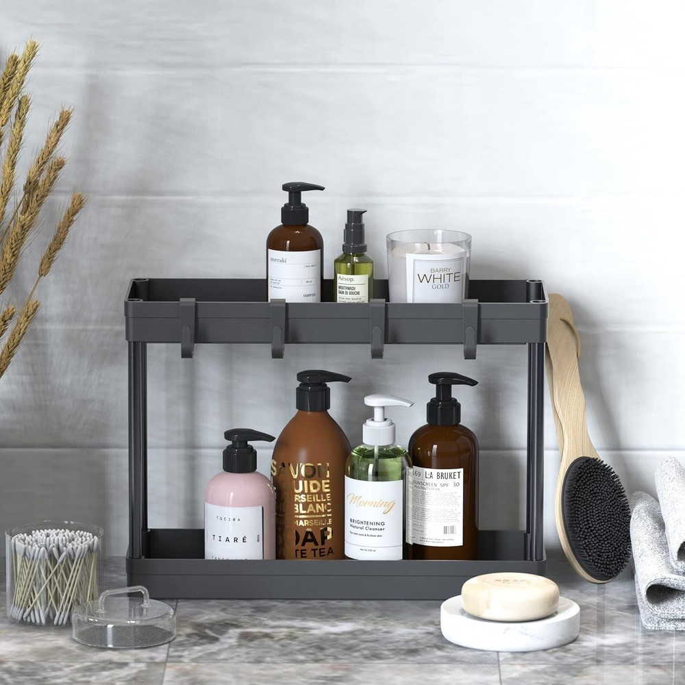 2-Tier Under Sink Organizer Storage Tray with Hooks Black