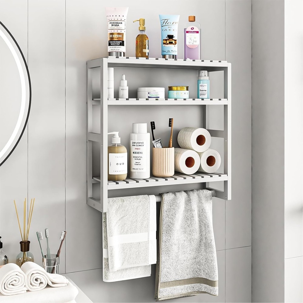Adjustable Wall-Mounted Bamboo Shelf for Bathroom - 3 Tier Storage Solution