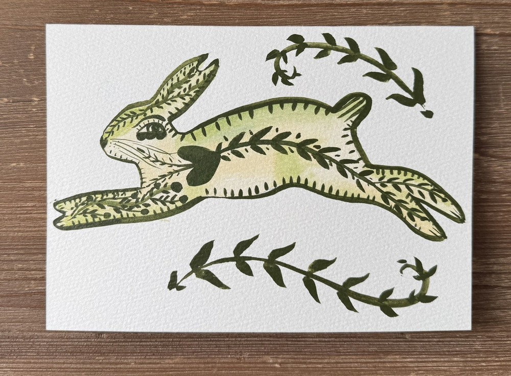 Handmade Greeting Card blank ooak watercolor bunny rabbit folklore Easter