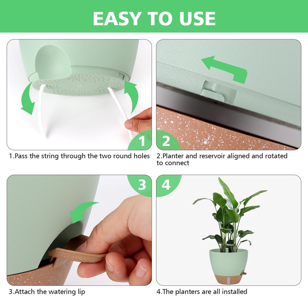 12" 10" 9" 8" Watering Pots with Water Level Indicator, Large Plastic Planter...