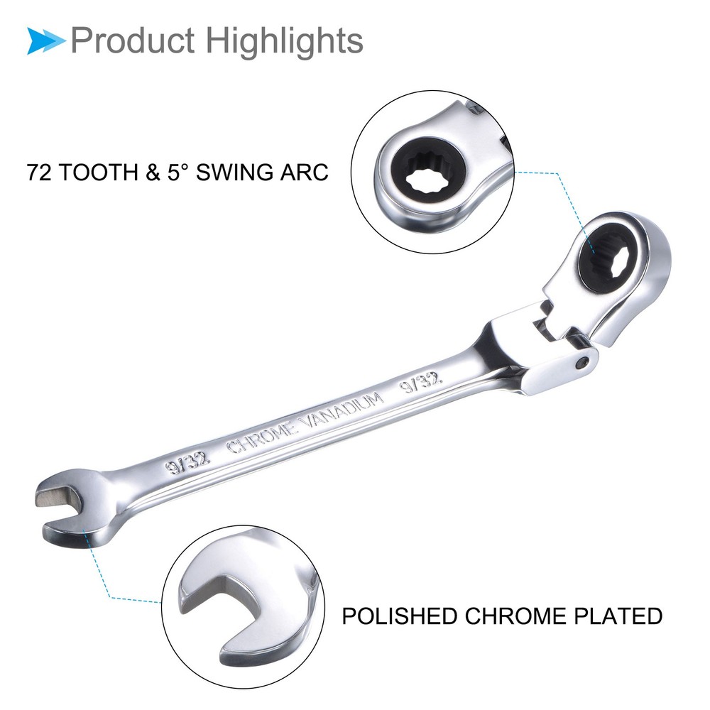 Flex-Head Ratcheting Wrench 9/32" Head SAE 72-Teeth Cr-V Combination Spanner