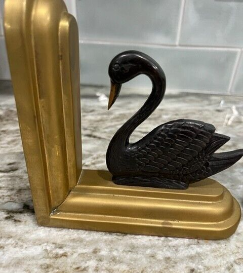 Vintage Mid Century Solid Brass Black Swan Bookends Heavy