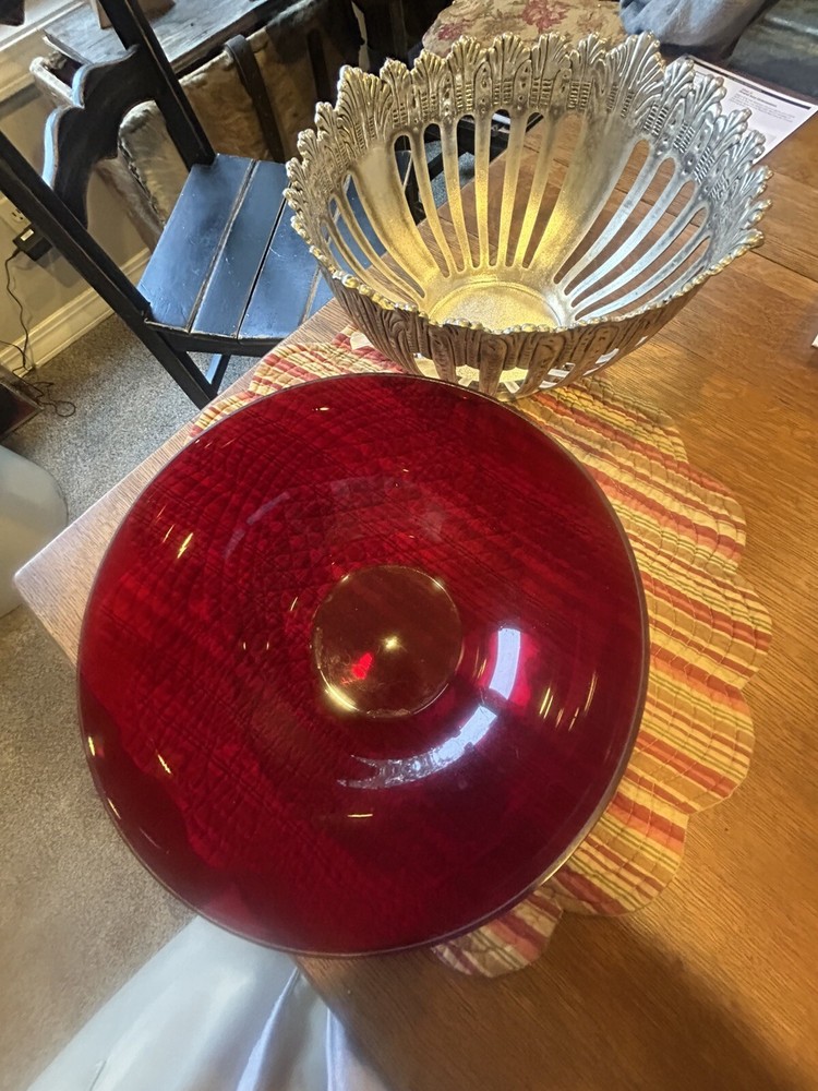 Vintage Silver Plated Ruby Red Valentines Glass Console Bowl Marked Godinger