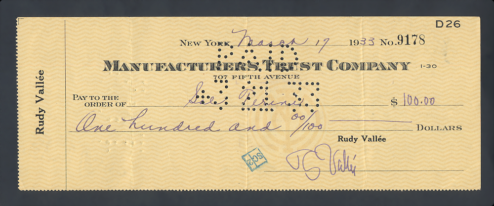 1930 FLEISCHMANN'S RADIO SHOW SCRIPT GRAHAM McNAMEE RUDY VALLEE w/ SIGNED CHECK