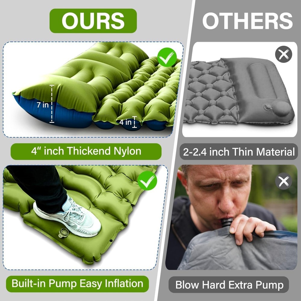 Double Sleeping Pad - Self Inflating 4" Thick w/Pillow Pump Camping Mat Pro