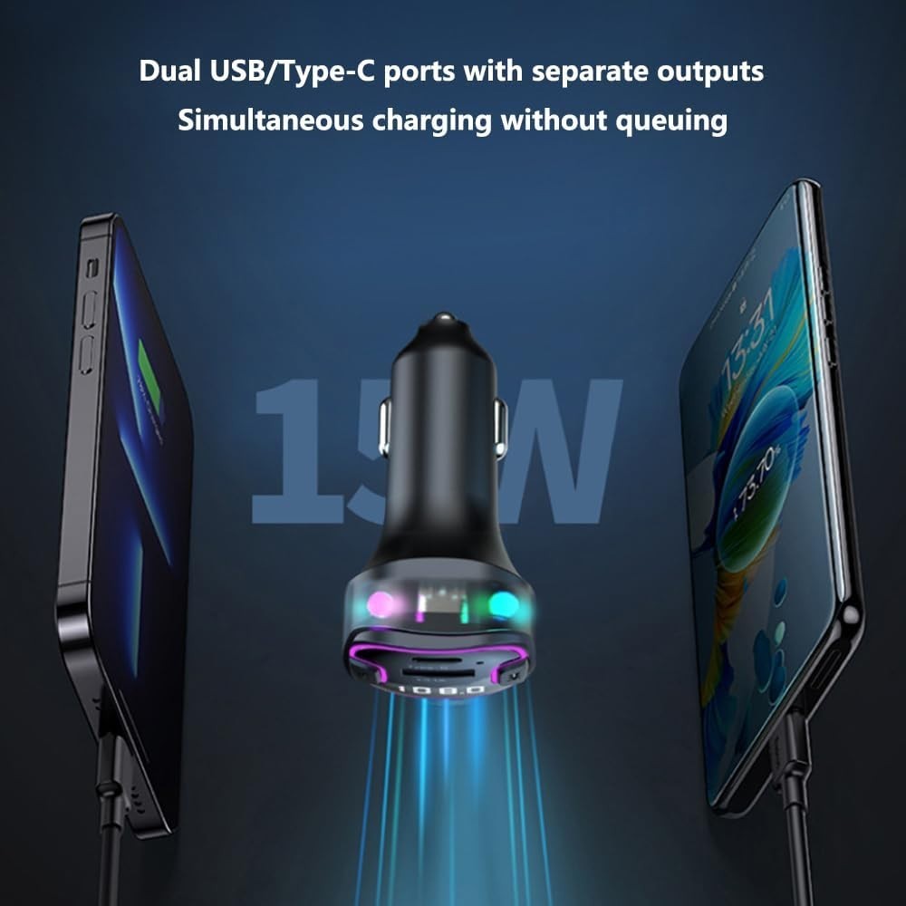 Bluetooth 5.3 Fast Charging Car Adapter with FM Transmitter & Colorful Lights