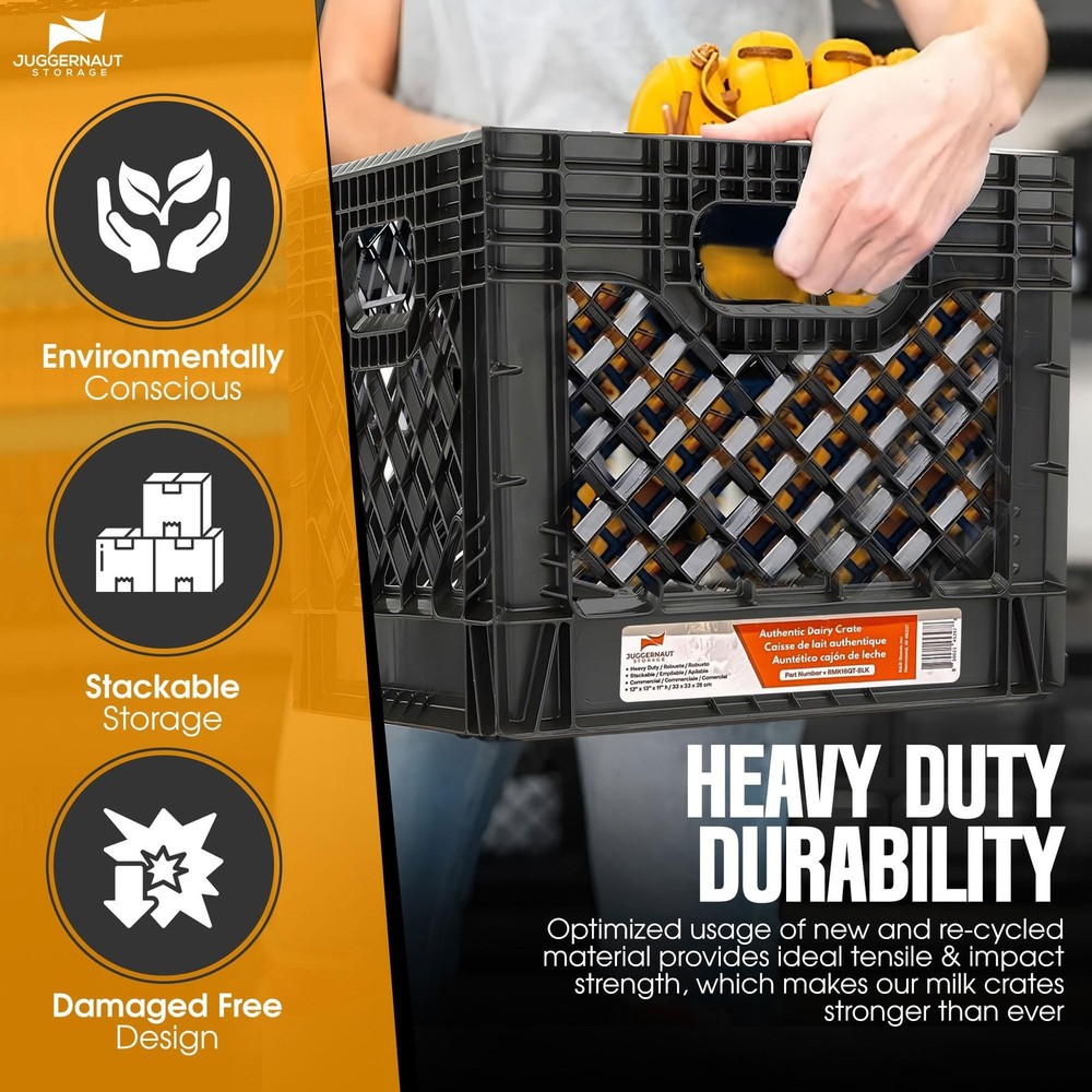 Juggernaut Storage 2-Pack Stackable Heavy Duty Milk Crates with Handles, 16 Q...