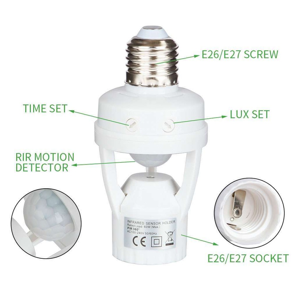 4 Pack E27 LED Light Lamp Bulb Holder Socket Switch Infrared PIR Motion Sensor