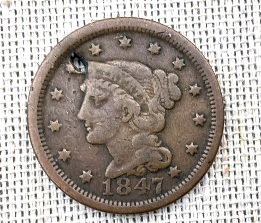 1847 Braided Hair Large Cent *hole*