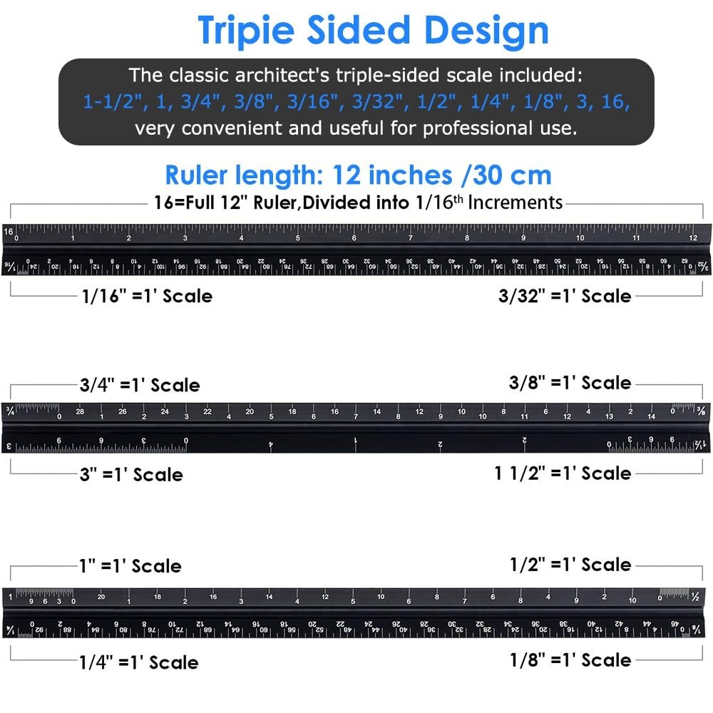 New Architectural Scale Ruler 12" Aluminum Architect Triangular For Students USA