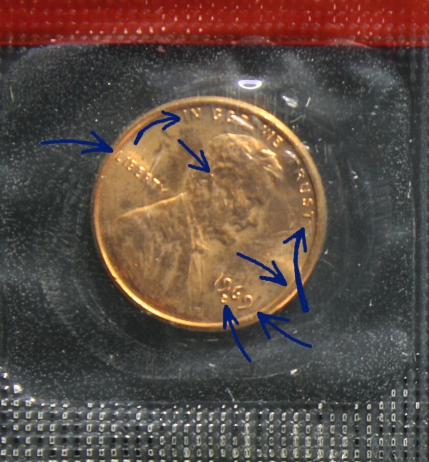 1969 D Lincoln 1C UNC Multiple Errors Obv & Rev: DDO-Misplaced D Mint Mark-No FG