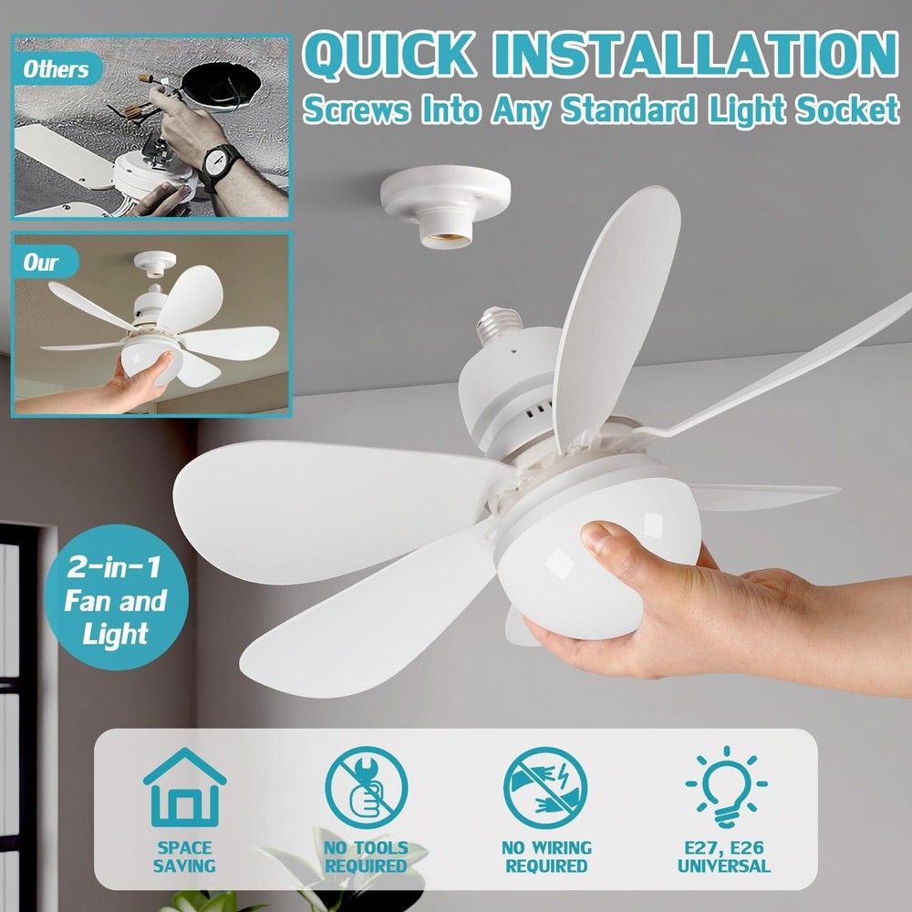 Ceiling Fan E27 Socket Fan 30W with Dimmable LED Light Remote Controller 3 Speed