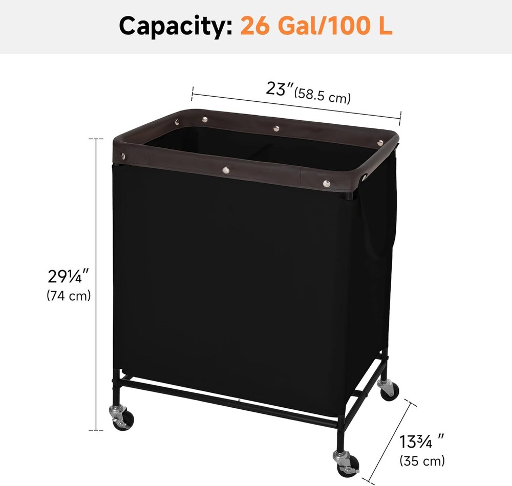 3 Section Laundry Hamper Rolling Laundry Cart W/ Wheels & Handles Laundry Room