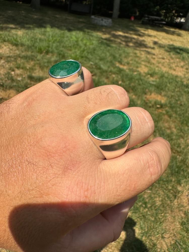Large 18ct Genuine Emerald Gemstone Mens Real Solid 925 Silver Oval Signet Ring