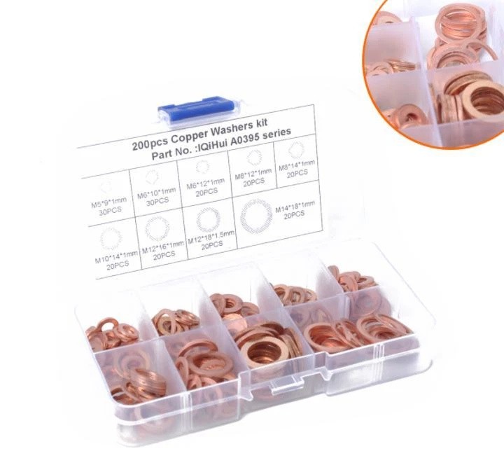 200PCS Solid Copper Crush Washer Gasket Set Flat O-Ring Seal Assortment Kits US
