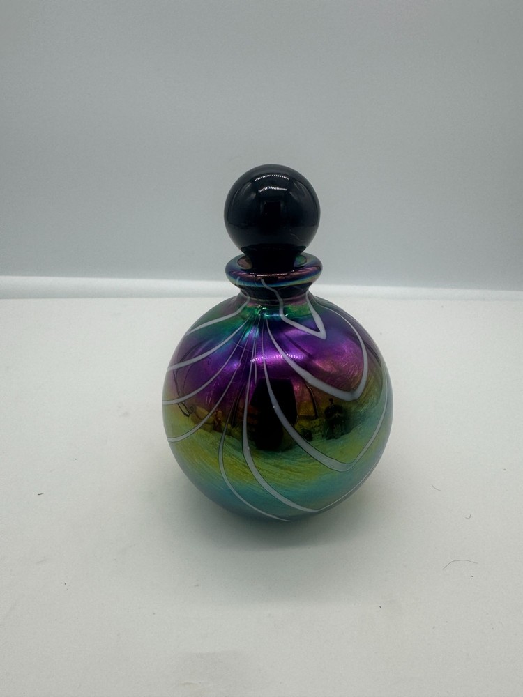 Iridescent Black Glass Perfume Bottle White Pulled Feather