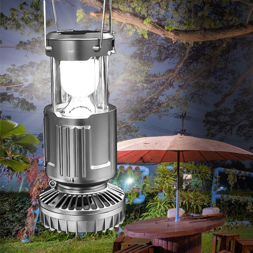 Solar Powered Light Lamp Portable Collapsible LED Flashlight Camping Lantern Fan