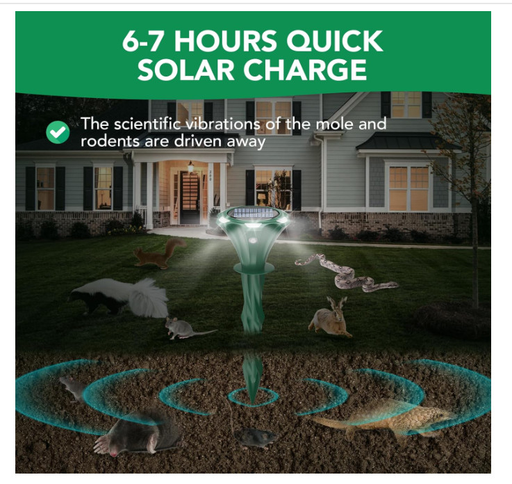 Mole Repeller Solar Powered 2 Pack, Waterproof Motion Detection LED Flash...