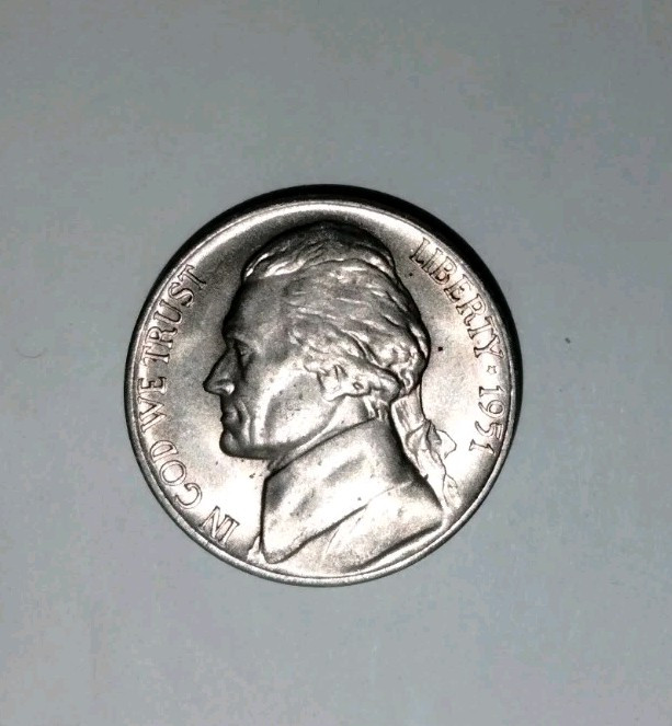 1951 S JEFFERSON NICKEL STRIKE THRU ERROR