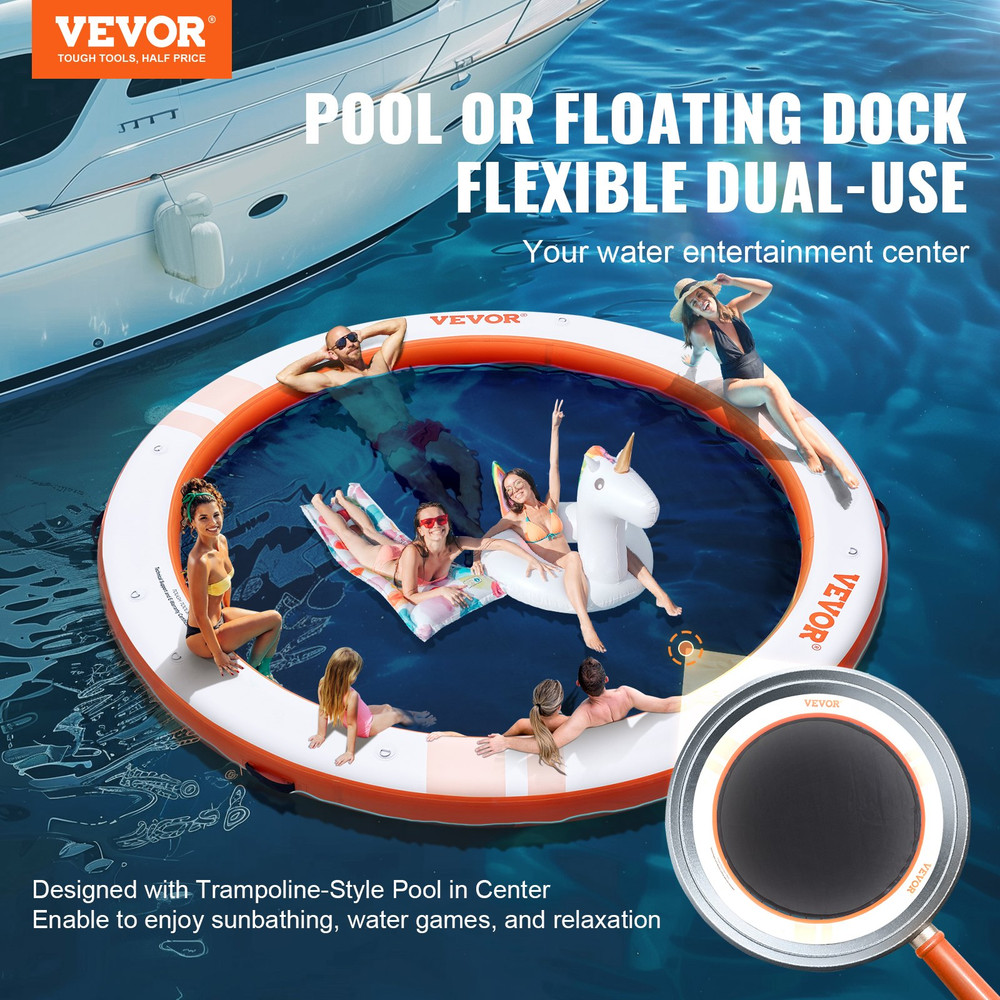 Inflatable Floating Dock, ø8FT Inflatable Dock Platform with ø5FT Trampoline Mes