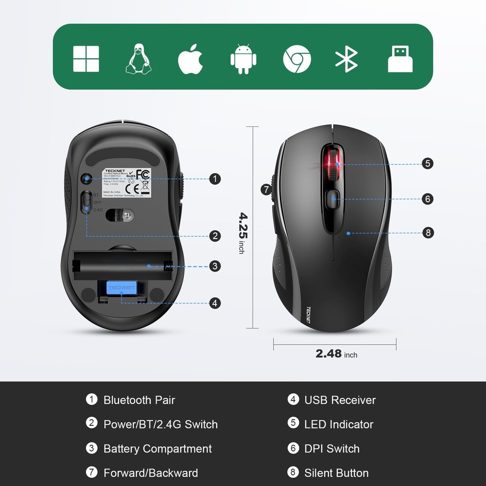 Silent Wireless Mouse, Bluetooth 5.0, 2.4G, 4000DPI, 6 Button, USB-A Receiver