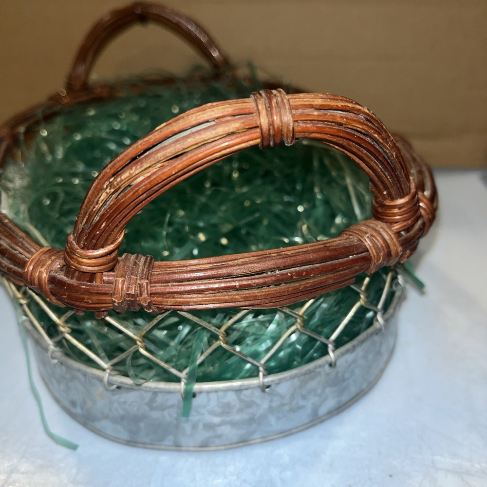 Tin, Chicken Wire & Wicker Oval Basket, Organizer, Easter, Spring Cottage Core