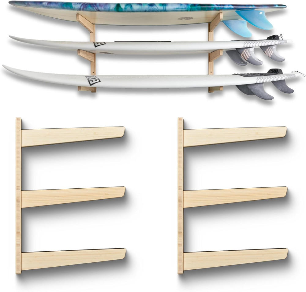 Bamboo 3 Board Surfboard Wall Rack, Surfboard Wall Mount, Works for Longboards &