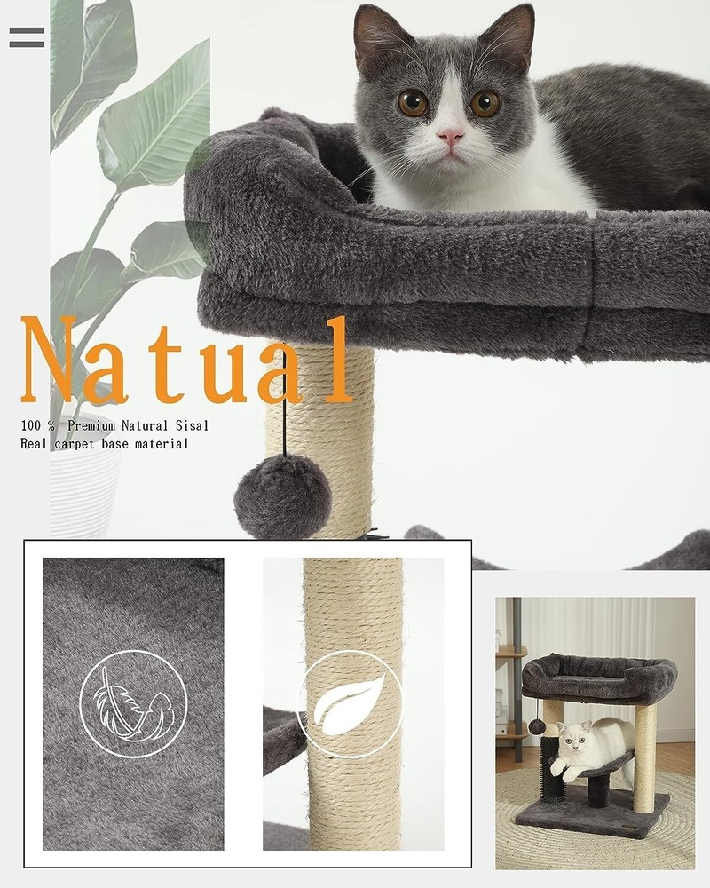 Cat Tree Tower Gray Top Platform Scratching Post Perch Self Groomer - Gray