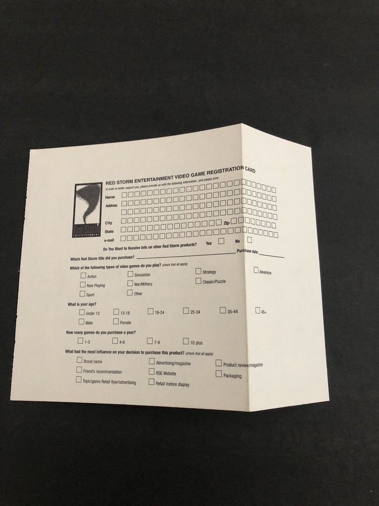 Red Storm Dreamcast Registration card Insert