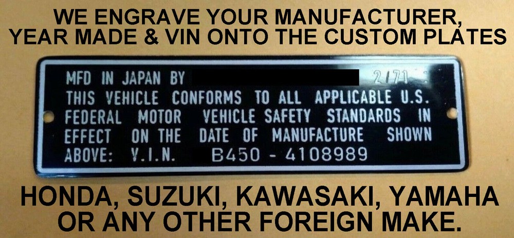 Motorcycle ID Plate Emblem TAG Custom Engraved