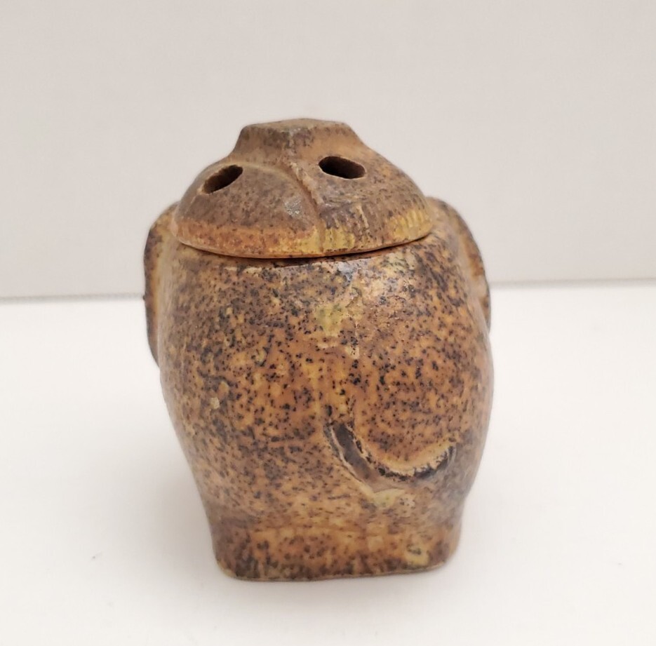 Brown Tan Elephant Incense Burner Ceramic Boho Damaged Lid Japan 3"
